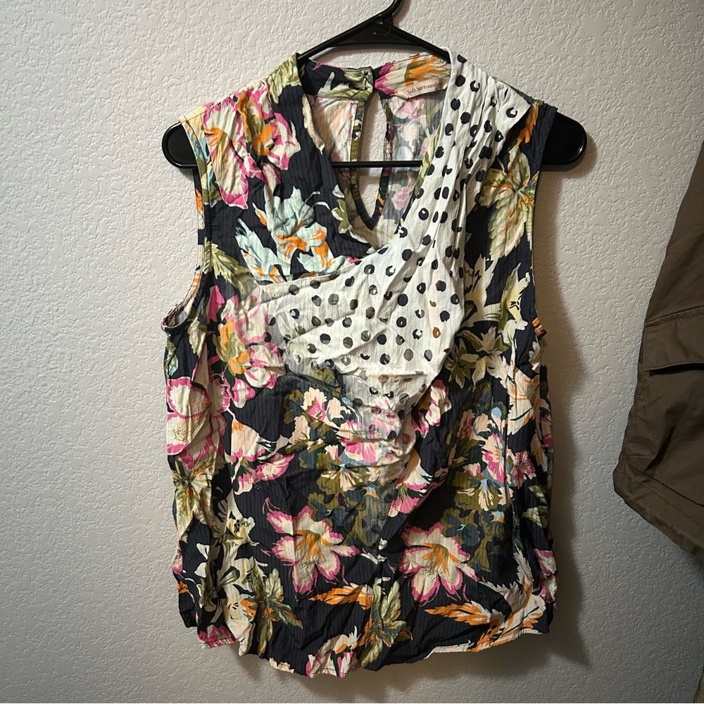 Soft Surroundings Navy Floral & Cream Mixed-Print Sleeveless Blouse
